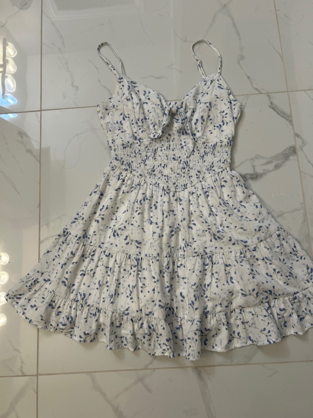 Altar’d State White Floral Ruffled Sundress with Blue Print
